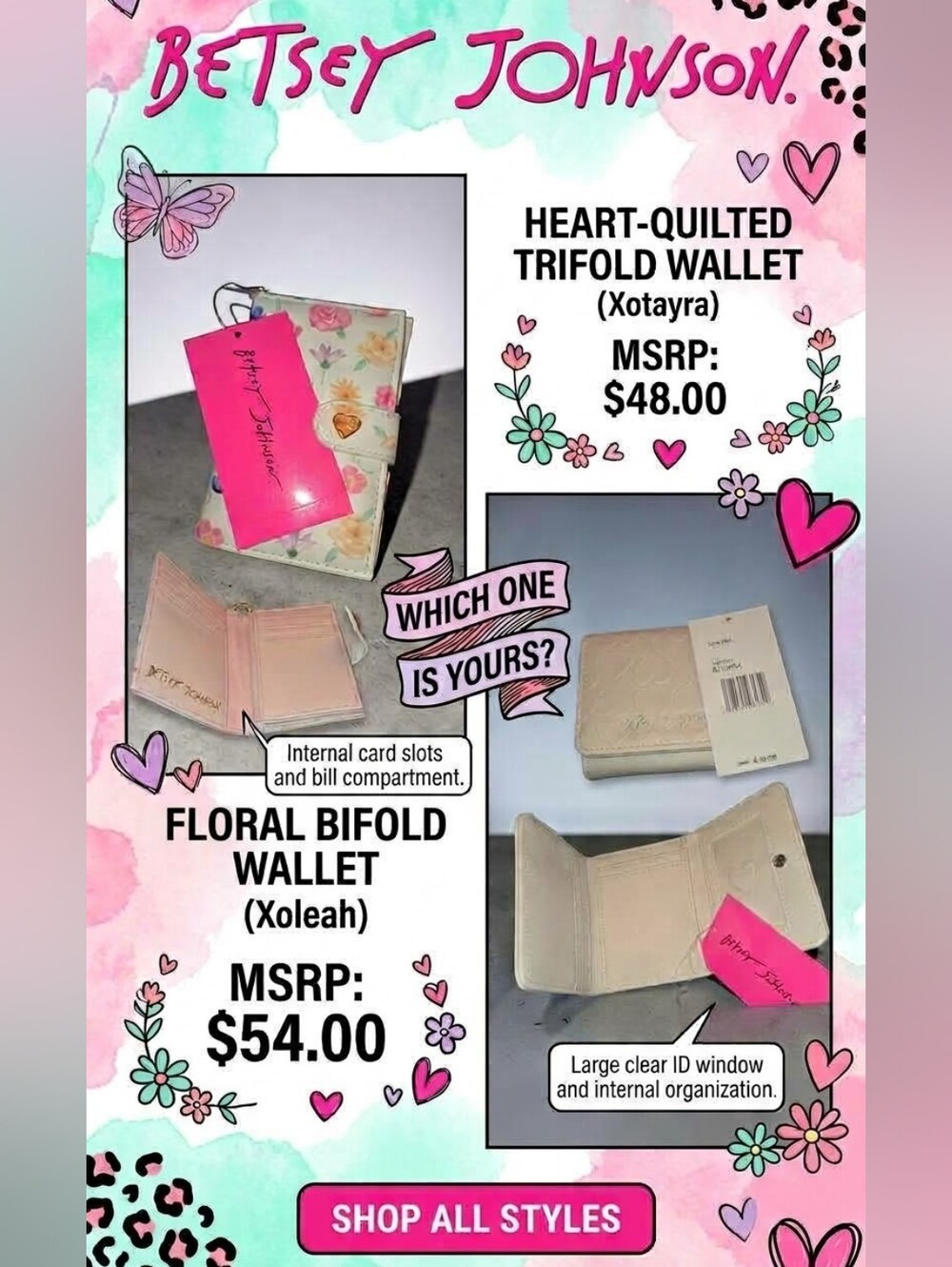 🩷Betsey Johnson Xotayra Cream Tri-fold Or Xoleah Floral multi Wallets,Pick 1